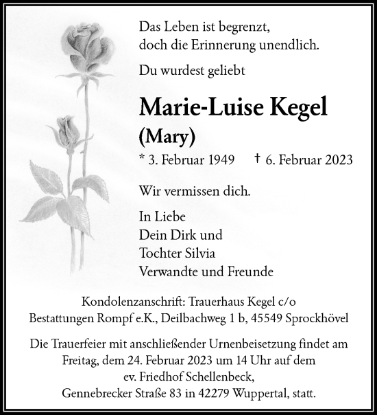 Traueranzeige von Marie-Luise Kegel von trauer.wuppertaler-rundschau.de