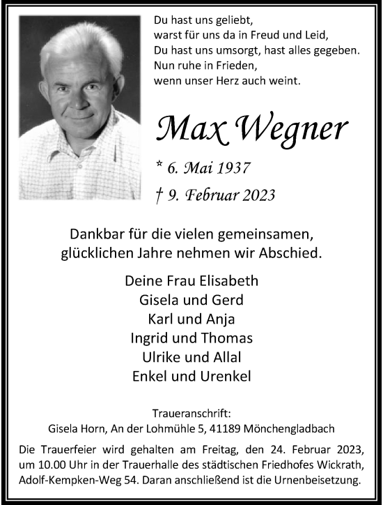 Traueranzeige von Max Wegner von trauer.extra-tipp-moenchengladbach.de