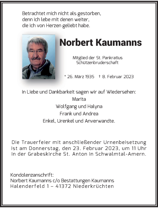 Traueranzeige von Norbert Kaumanns von trauer.extra-tipp-moenchengladbach.de