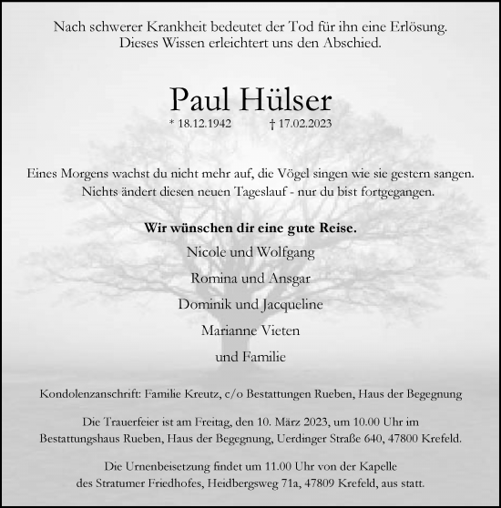 Traueranzeige von Paul Hülser von trauer.mein.krefeld.de