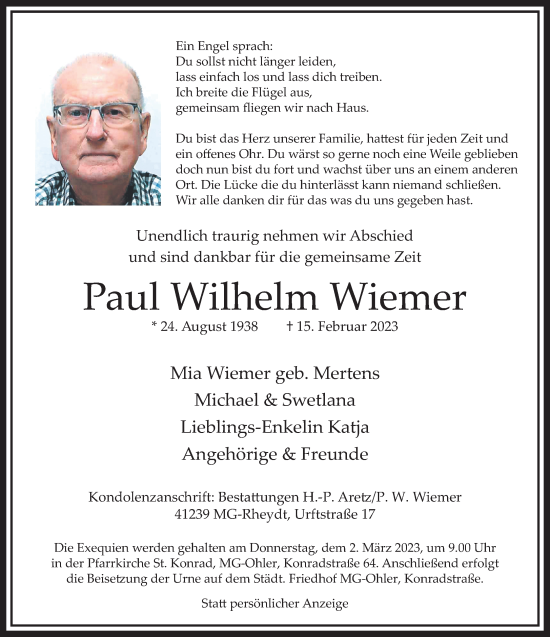 Traueranzeige von Paul Wilhelm Wiemer von trauer.extra-tipp-moenchengladbach.de