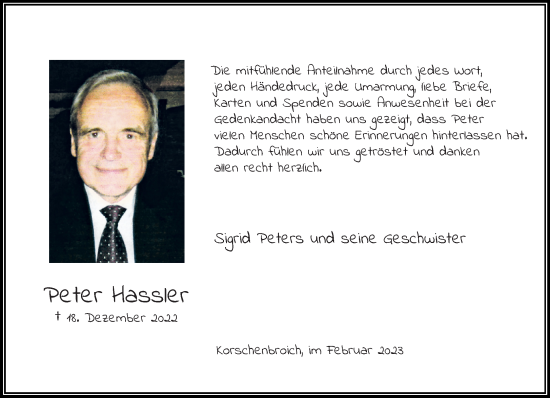 Traueranzeige von Peter Hassler von trauer.extra-tipp-moenchengladbach.de