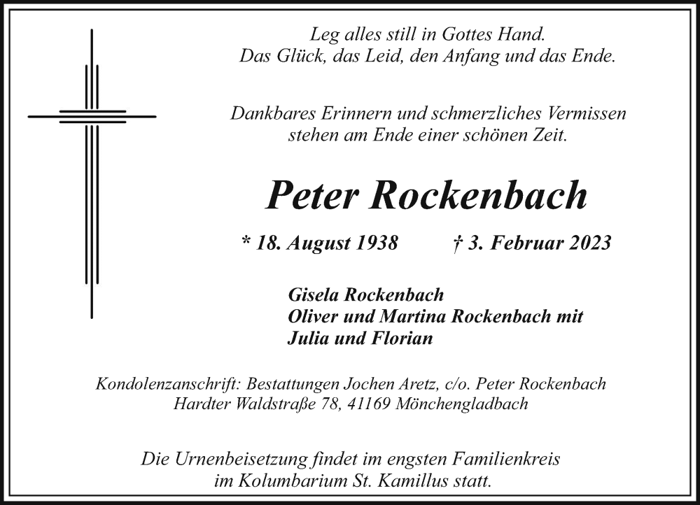  Traueranzeige für Peter Rockenbach vom 12.02.2023 aus trauer.extra-tipp-moenchengladbach.de