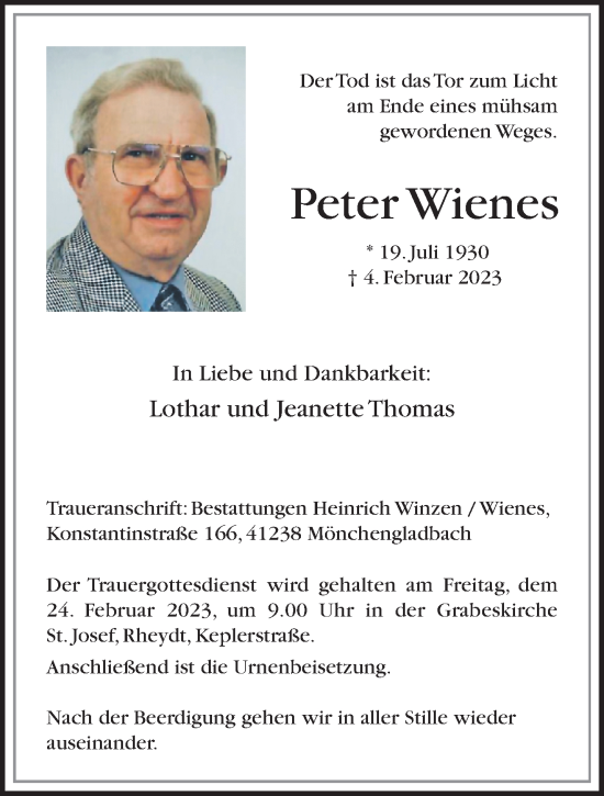 Traueranzeige von Peter Wienes von trauer.extra-tipp-moenchengladbach.de