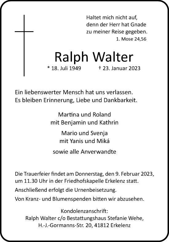 Traueranzeige von Ralph Walter von trauer.extra-tipp-moenchengladbach.de