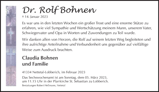 Traueranzeige von Rolf Bohnen von trauer.extra-tipp-moenchengladbach.de