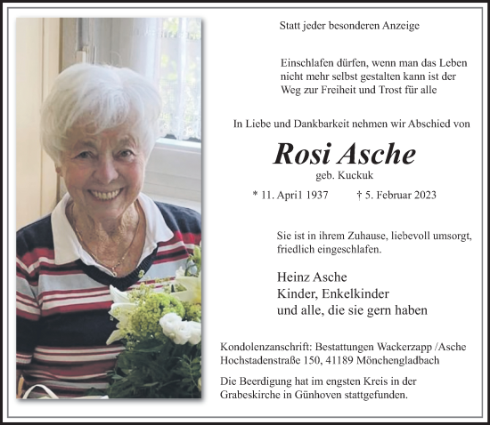 Traueranzeige von Rosi Asche von trauer.extra-tipp-moenchengladbach.de