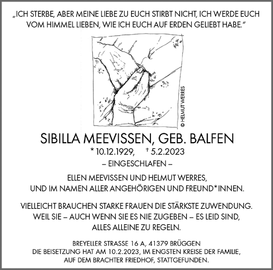 Traueranzeige von Sibilla Meevissen von trauer.extra-tipp-moenchengladbach.de