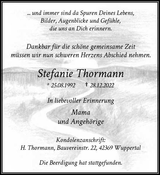 Traueranzeige von Stefanie Thormann von trauer.wuppertaler-rundschau.de