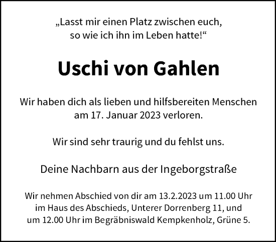 Traueranzeige von Uschi von Gahlen von trauer.wuppertaler-rundschau.de