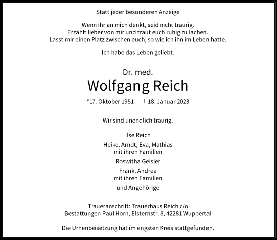 Traueranzeige von Wolfgang Reich von trauer.wuppertaler-rundschau.de