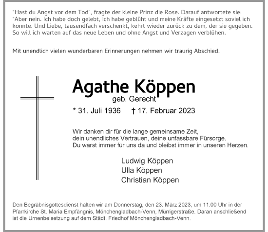 Traueranzeige von Agathe Köppen von trauer.extra-tipp-moenchengladbach.de