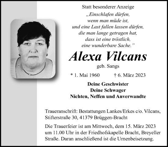 Traueranzeige von Alexa Vilcans von trauer.extra-tipp-moenchengladbach.de