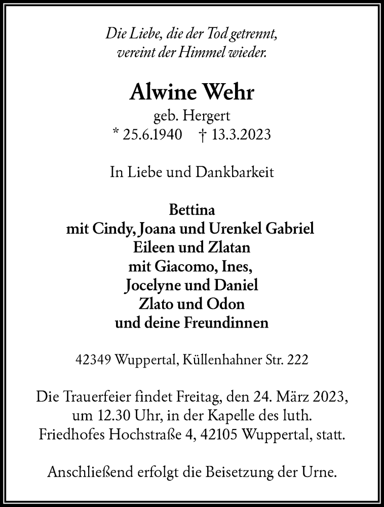  Traueranzeige für Alwine Wehr vom 18.03.2023 aus trauer.wuppertaler-rundschau.de