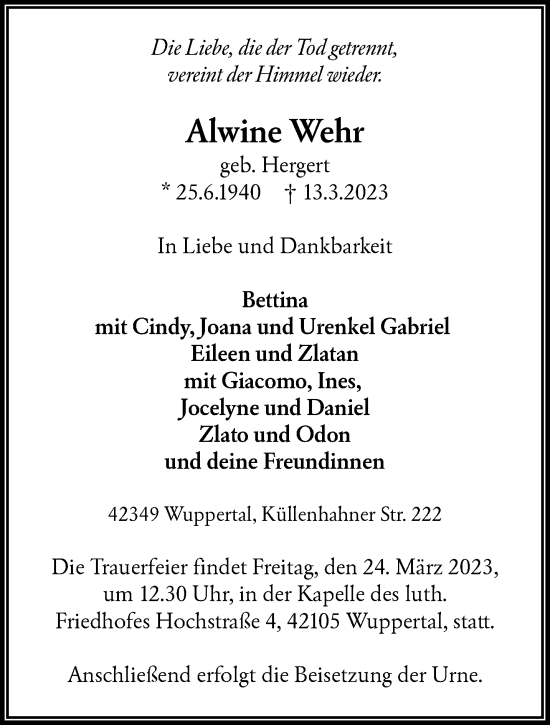 Traueranzeige von Alwine Wehr von trauer.wuppertaler-rundschau.de