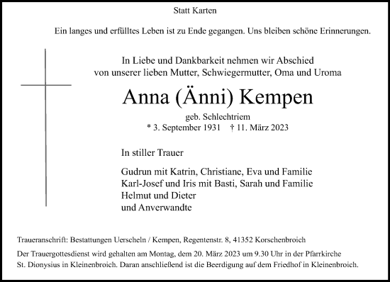 Traueranzeige von Anna Kempen von trauer.extra-tipp-moenchengladbach.de
