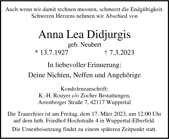 Traueranzeige von Anna Lea Didjurgis von trauer.wuppertaler-rundschau.de