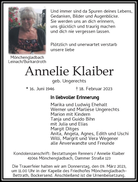 Traueranzeige von Annelie Klaiber von trauer.extra-tipp-moenchengladbach.de