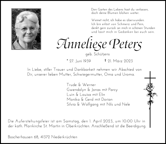 Traueranzeige von Anneliese Peters von trauer.extra-tipp-moenchengladbach.de