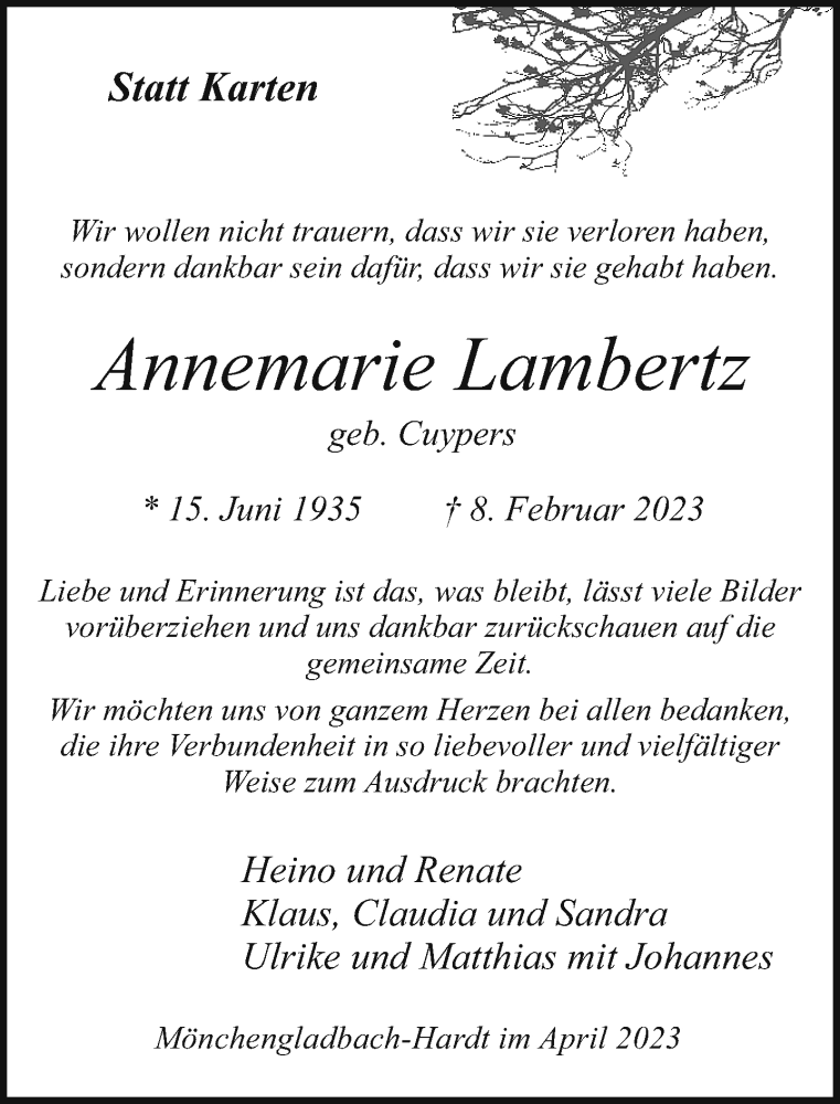  Traueranzeige für Annemarie Lambertz vom 02.04.2023 aus trauer.extra-tipp-moenchengladbach.de