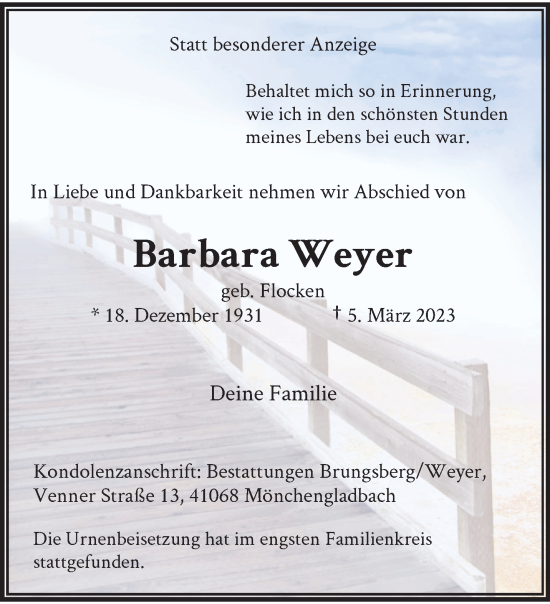 Traueranzeige von Barbara Weyer von trauer.extra-tipp-moenchengladbach.de