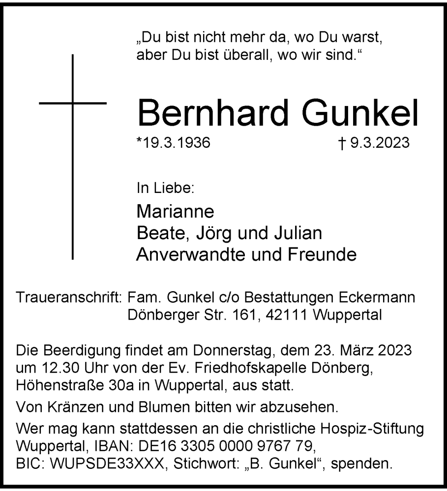  Traueranzeige für Bernhard Gunkel vom 18.03.2023 aus trauer.wuppertaler-rundschau.de