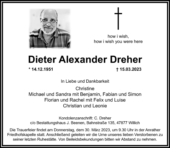 Traueranzeige von Dieter Alexander Dreher von trauer.extra-tipp-moenchengladbach.de