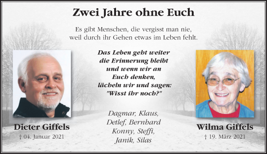 Traueranzeige von Dieter und Wilma Giffels von trauer.extra-tipp-moenchengladbach.de