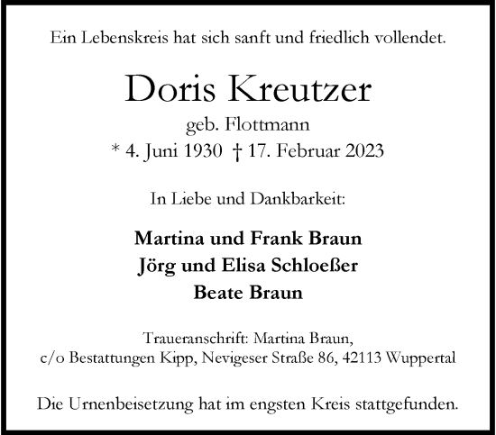 Traueranzeige von Doris Kreutzer von trauer.wuppertaler-rundschau.de