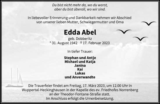 Traueranzeige von Edda Abel von trauer.wuppertaler-rundschau.de