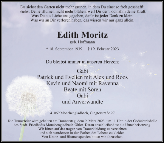 Traueranzeige von Edith Moritz von trauer.extra-tipp-moenchengladbach.de