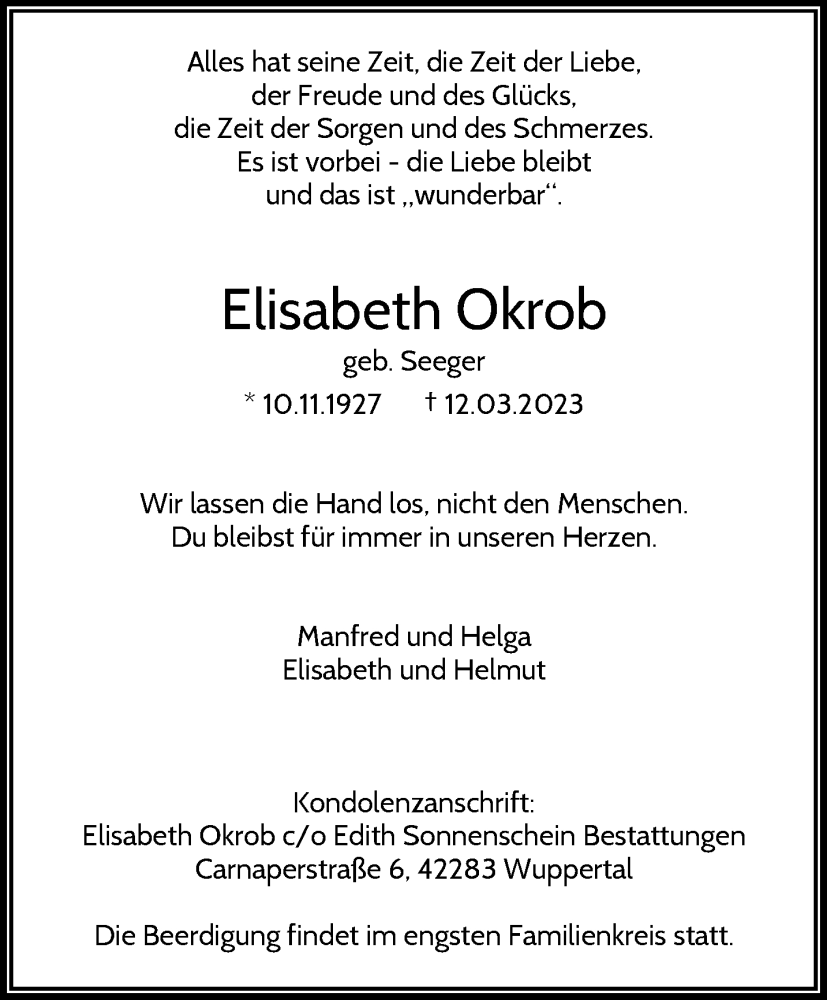  Traueranzeige für Elisabeth Okrob vom 18.03.2023 aus trauer.wuppertaler-rundschau.de