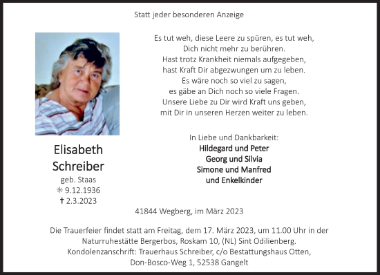 Traueranzeige von Elisabeth Schreiber von trauer.extra-tipp-moenchengladbach.de