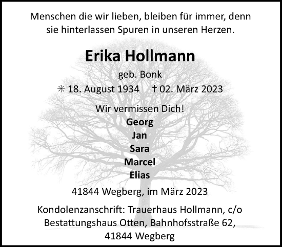 Traueranzeige von Erika Hollmann von trauer.extra-tipp-moenchengladbach.de