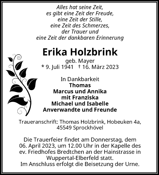 Traueranzeige von Erika Holzbrink von trauer.wuppertaler-rundschau.de