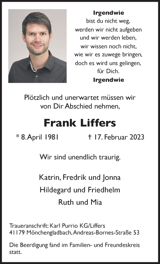 Traueranzeige von Frank Liffers von trauer.extra-tipp-moenchengladbach.de