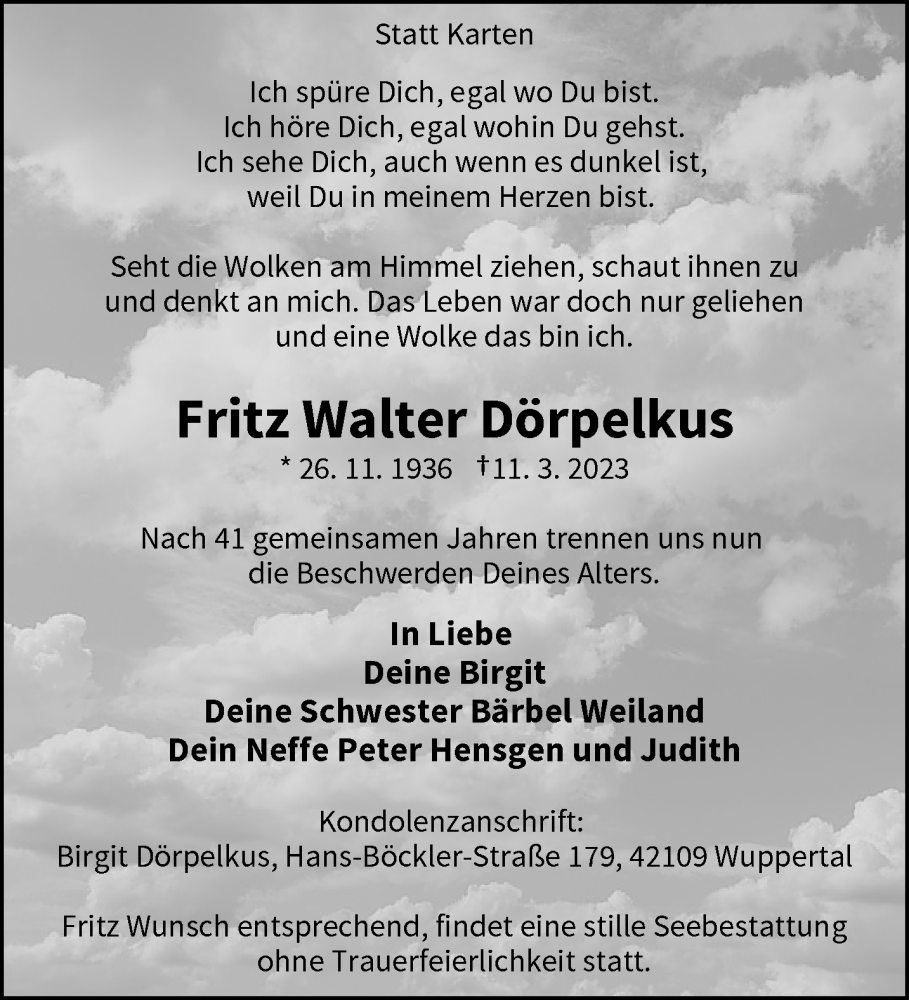  Traueranzeige für Fritz Walter Dörpelkus vom 18.03.2023 aus trauer.wuppertaler-rundschau.de