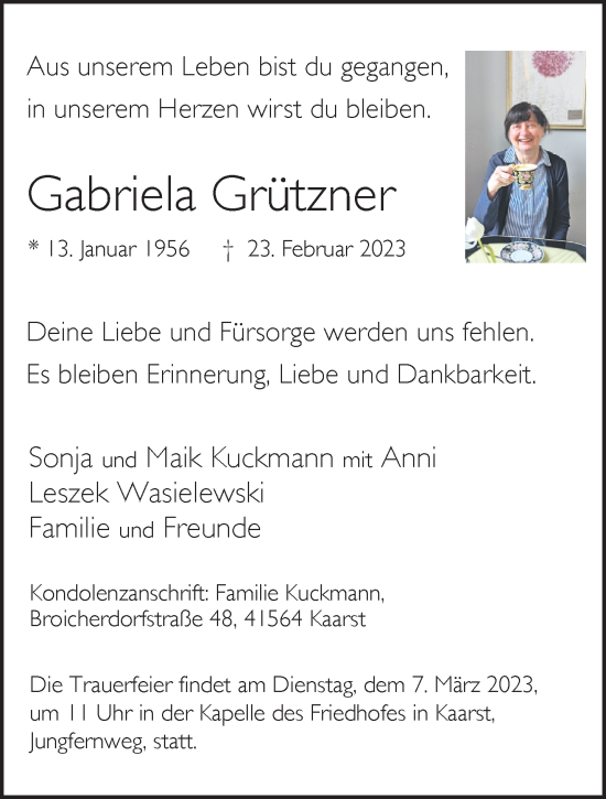 Traueranzeige von Gabriela Grützner von trauer.extra-tipp-moenchengladbach.de