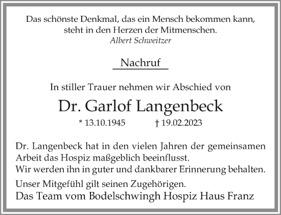 Traueranzeige von Garlof Langenbeck von trauer.extra-tipp-moenchengladbach.de