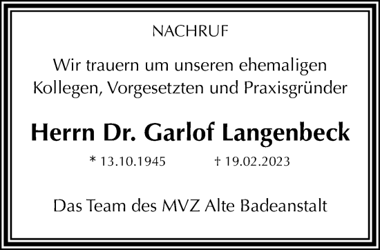 Traueranzeige von Garlof Langenbeck von trauer.extra-tipp-moenchengladbach.de