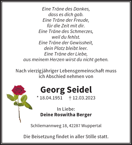 Traueranzeige von Georg Seidel von trauer.wuppertaler-rundschau.de