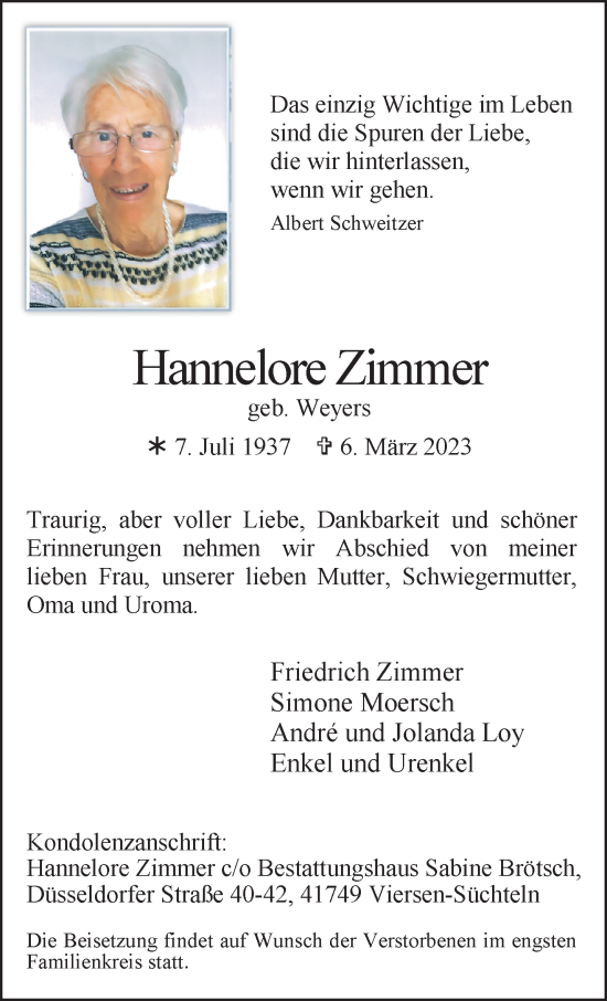 Traueranzeige von Hannelore Zimmer von trauer.extra-tipp-moenchengladbach.de