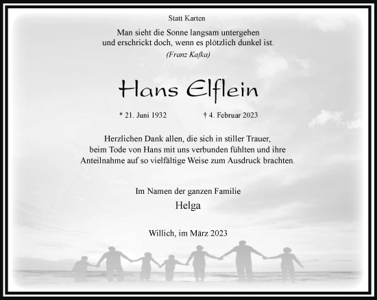 Traueranzeige von Hans Elflein von trauer.extra-tipp-moenchengladbach.de