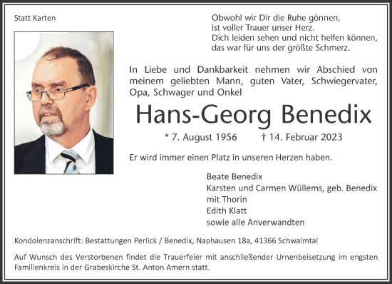 Traueranzeige von Hans-Georg Benedix von trauer.extra-tipp-moenchengladbach.de