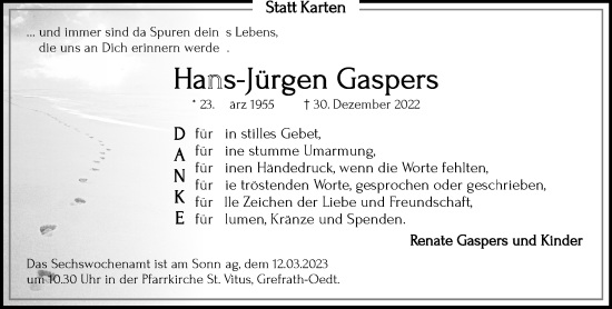 Traueranzeige von Hans-Jürgen Gaspers von trauer.extra-tipp-moenchengladbach.de