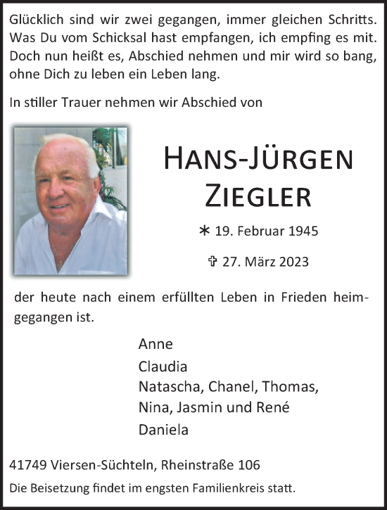 Traueranzeige von Hans-Jürgen Ziegler von trauer.extra-tipp-moenchengladbach.de