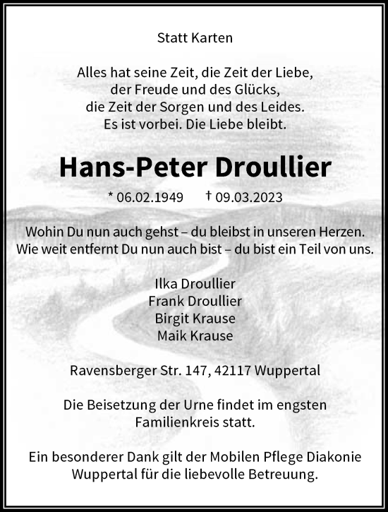 Traueranzeige von Hans-Peter Droullier von trauer.wuppertaler-rundschau.de
