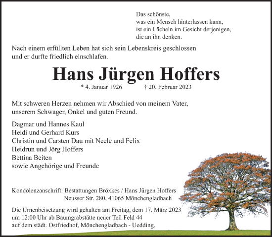 Traueranzeige von Hans Jürgen Hoffers von trauer.extra-tipp-moenchengladbach.de