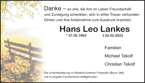 Traueranzeige von Hans Leo Lankes von trauer.extra-tipp-moenchengladbach.de