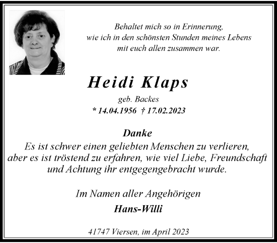 Traueranzeige von Heidi Klaps von trauer.extra-tipp-moenchengladbach.de